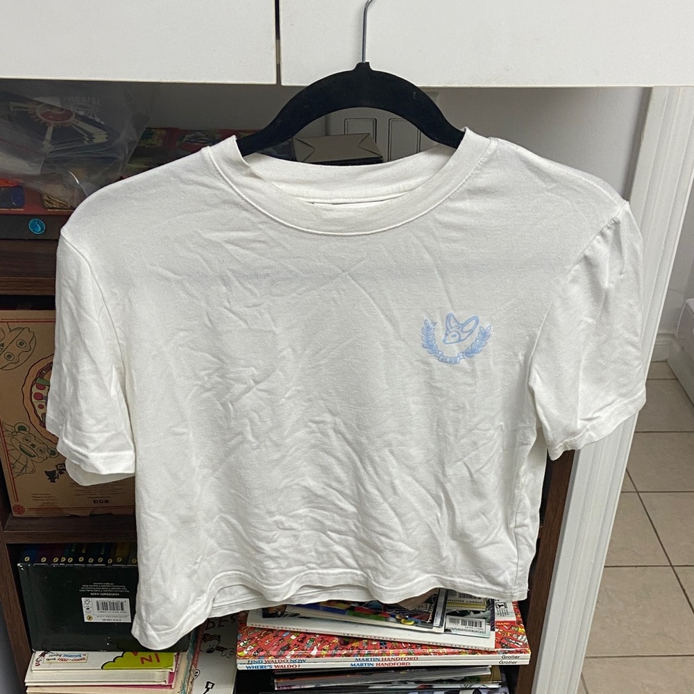 Korean Designer Saladbowls White Crop T-Shirt with Blue Logo